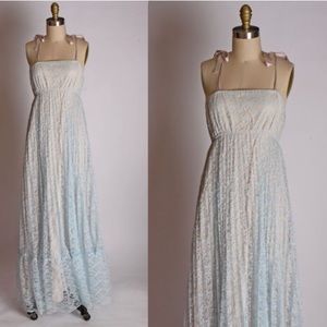 1960s 1970s Blue Lace Empire Waist Dress